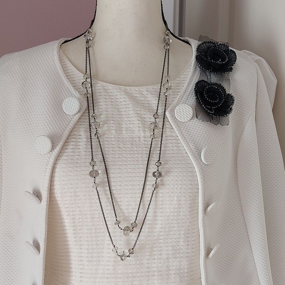 Smoky Faceted Crystals Station Style Multilayered Necklace Gunmetal Tone